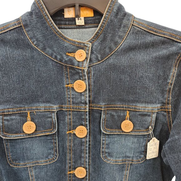 Anthropologie Tulle Jean Jacket Contrast Stitch Detail Button Front Nehru Collar - Picture 6 of 11